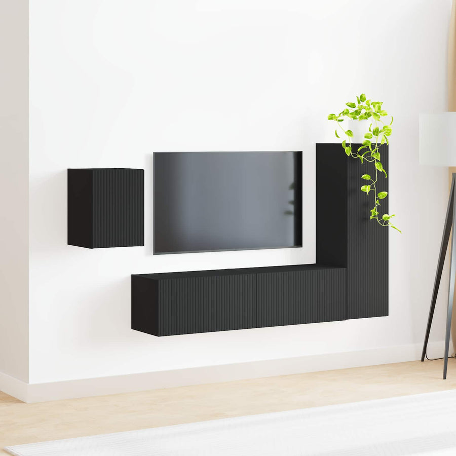 Tv-Meubelset Wandgemonteerd 4 Pcs Bewerkt Hout Zwart