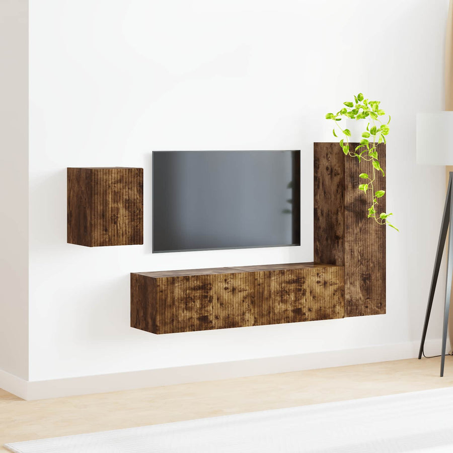 Tv-Meubelset Wandgemonteerd 4 Pcs Bewerkt Hout Gerookt eiken