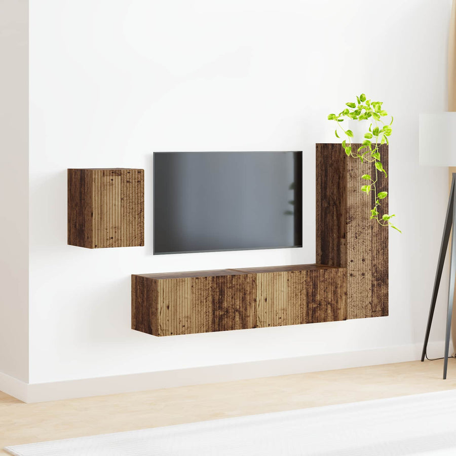 Tv-Meubelset Wandgemonteerd 4 Pcs Oudhout Bewerkt Hout Oud hout
