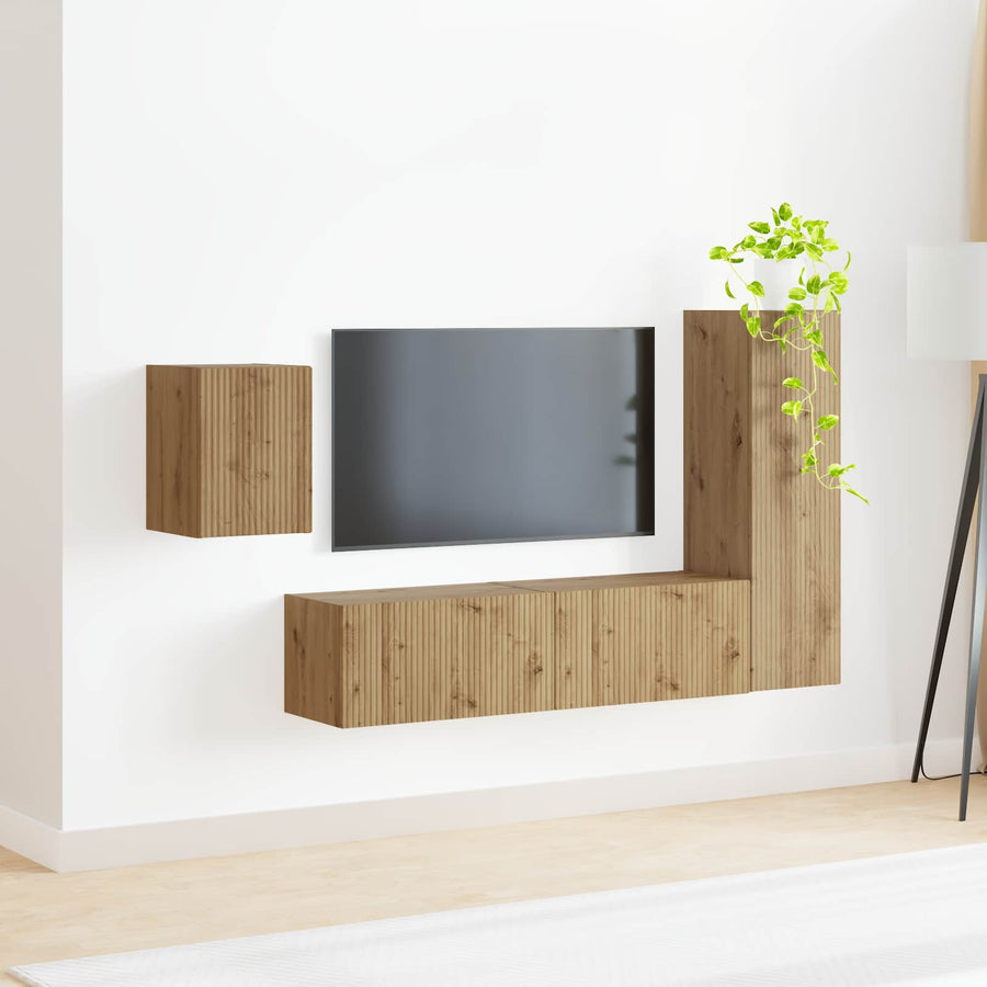 Tv-Meubelset Wandgemonteerd 4 Pcs Artisan Eiken Bewerkt Hout artisanaal eikenkleurig