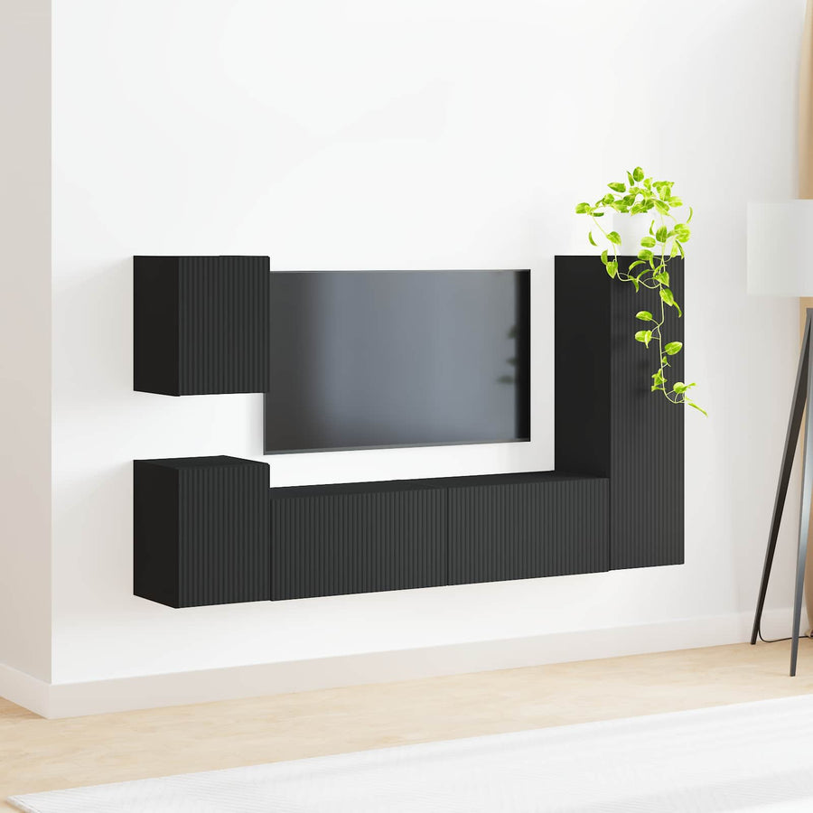 Tv-Meubelset Wandgemonteerd 4 Pcs Bewerkt Hout Zwart
