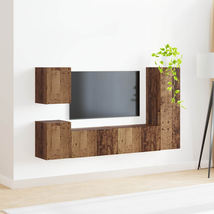 Tv-Meubelset Wandgemonteerd 4 Pcs Oudhout Bewerkt Hout Oud hout