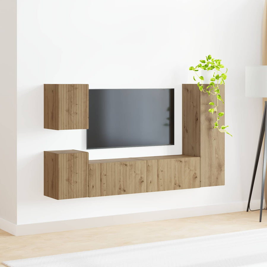 Tv-Meubelset Wandgemonteerd 4 Pcs Artisan Eiken Bewerkt Hout artisanaal eikenkleurig