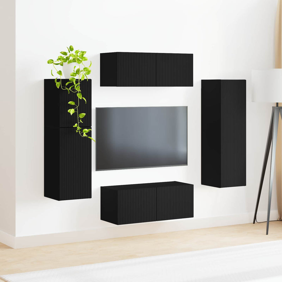 Tv-Meubelset Wandgemonteerd 4 Pcs Bewerkt Hout Zwart