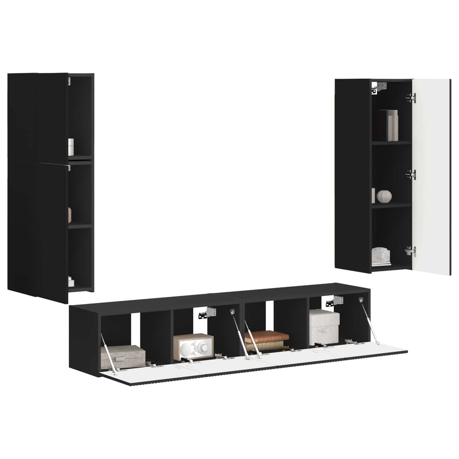 Tv-Meubelset Wandgemonteerd 4 Pcs Bewerkt Hout Zwart