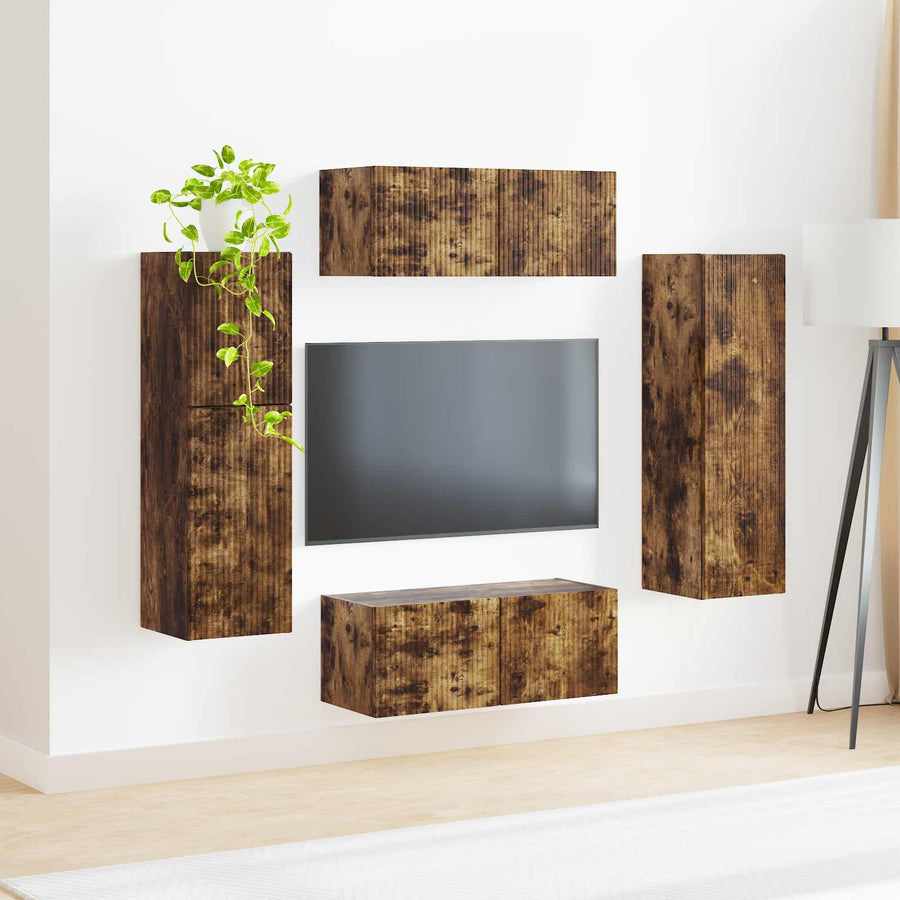 Tv-Meubelset Wandgemonteerd 4 Pcs Bewerkt Hout Gerookt eiken
