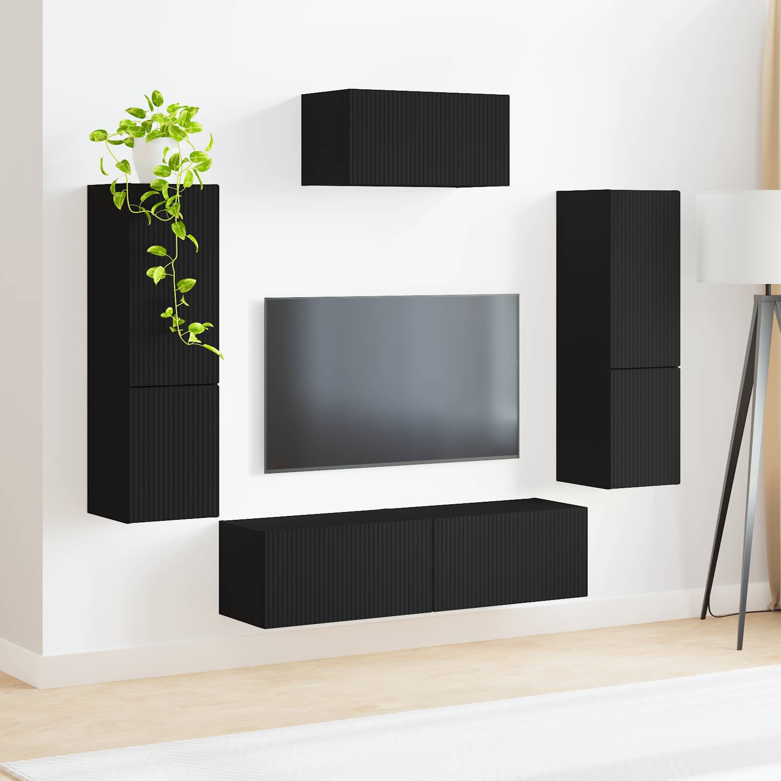 Tv-Meubelset Wandgemonteerd 4 Pcs Bewerkt Hout Zwart