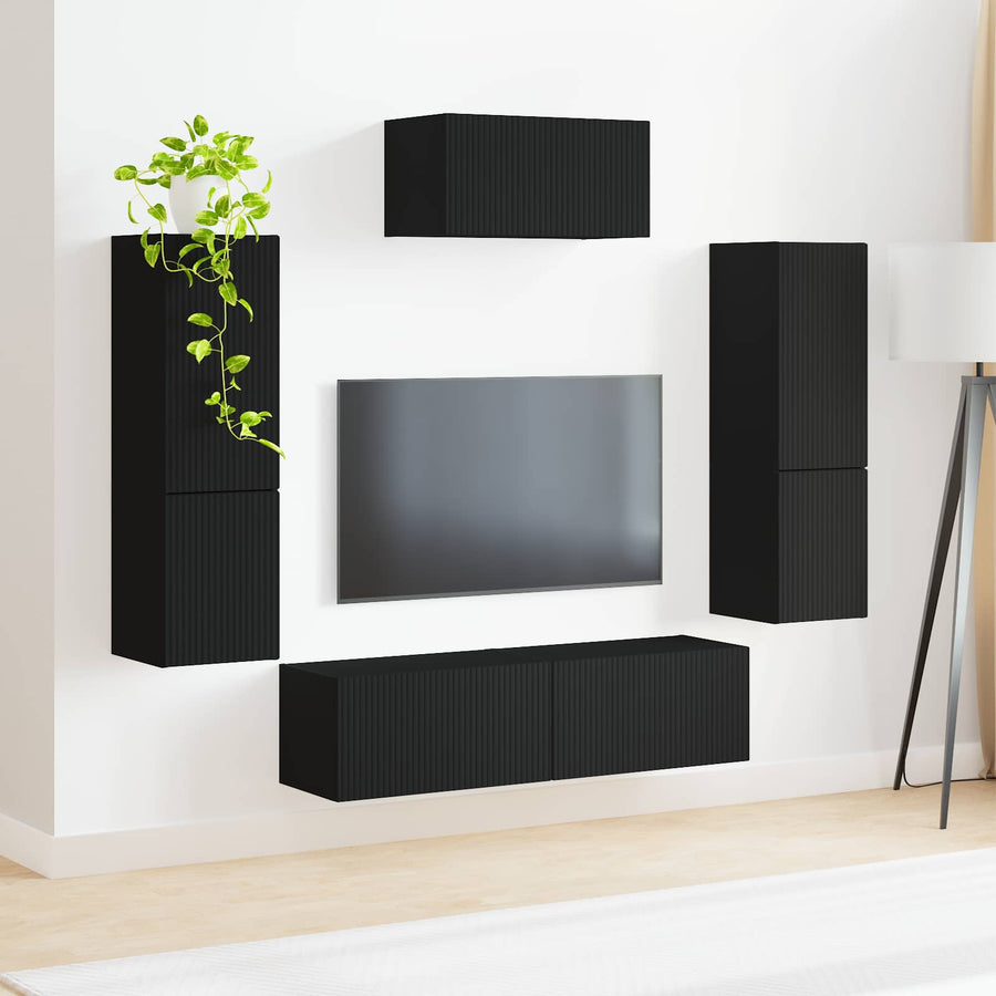 Tv-Meubelset Wandgemonteerd 4 Pcs Bewerkt Hout Zwart