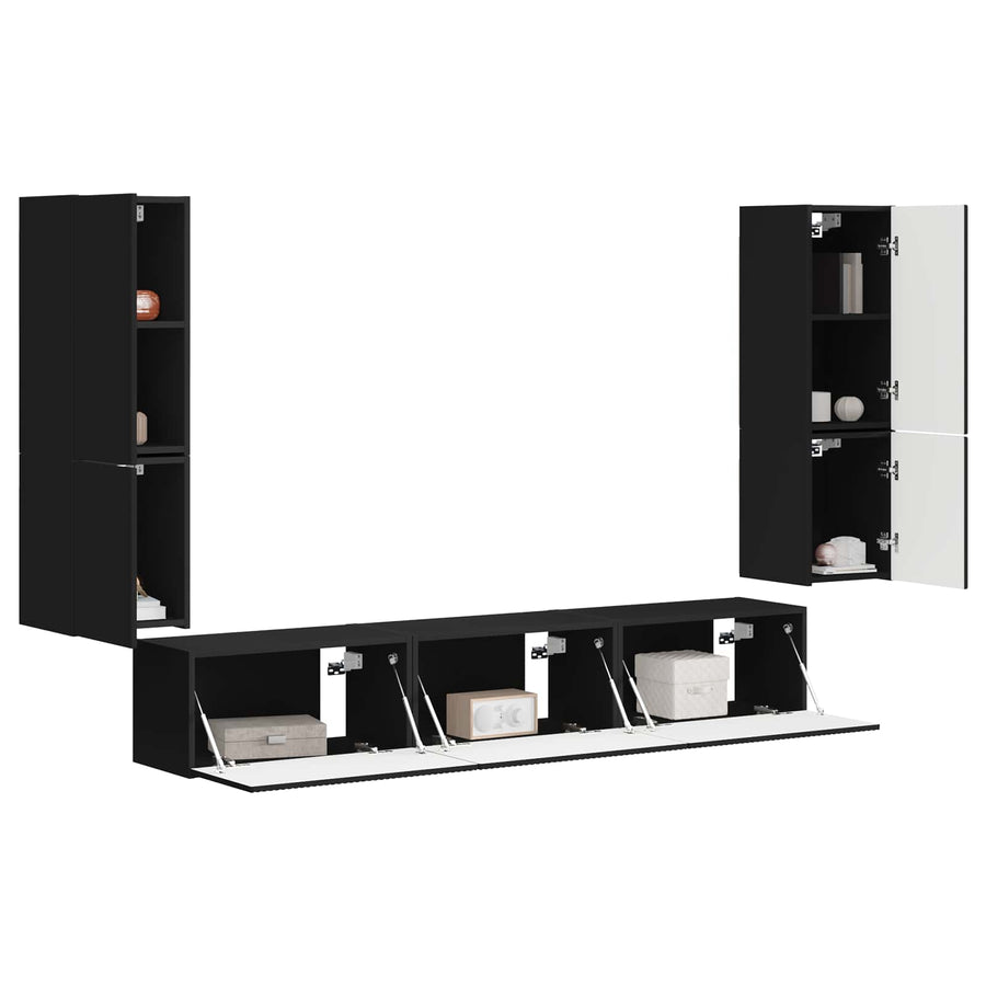 Tv-Meubelset Wandgemonteerd 4 Pcs Bewerkt Hout Zwart