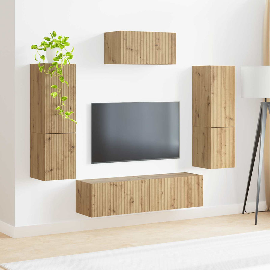 Tv-Meubelset Wandgemonteerd 4 Pcs Artisan Eiken Bewerkt Hout artisanaal eikenkleurig