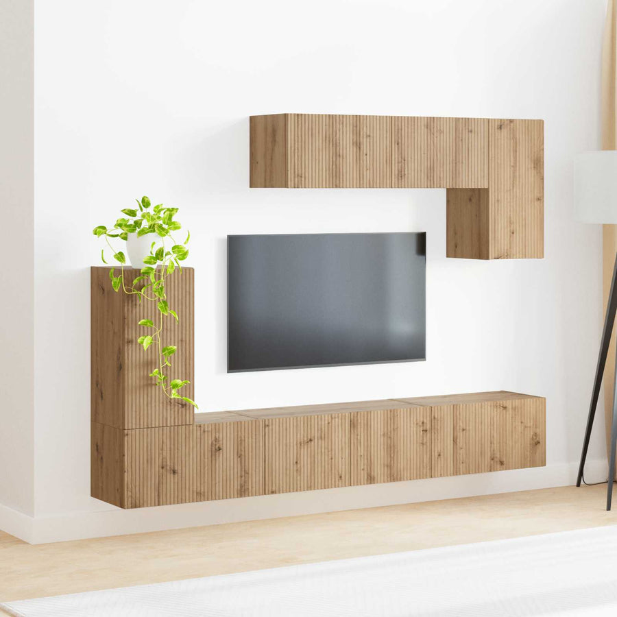 Tv-Meubelset Wandgemonteerd 5 Pcs Bewerkt Hout Zwart