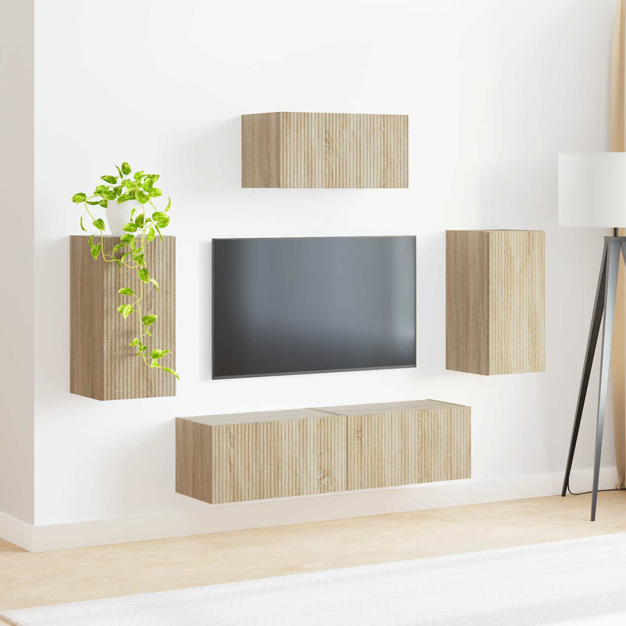 Tv-Meubelset Wandgemonteerd 3 Pcs Sonoma Eiken Bewerkt Hout Goud