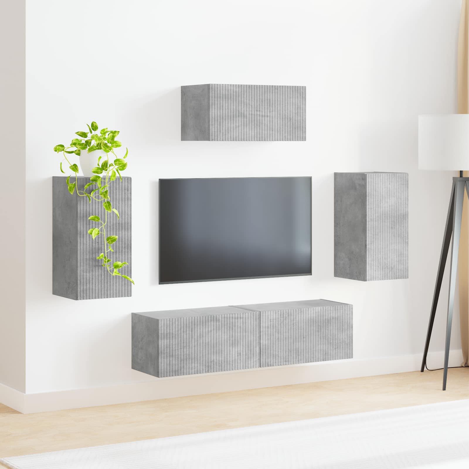 Tv-Meubelset Wandgemonteerd 3 Pcs Beton Grijs Bewerkt Hout Goud
