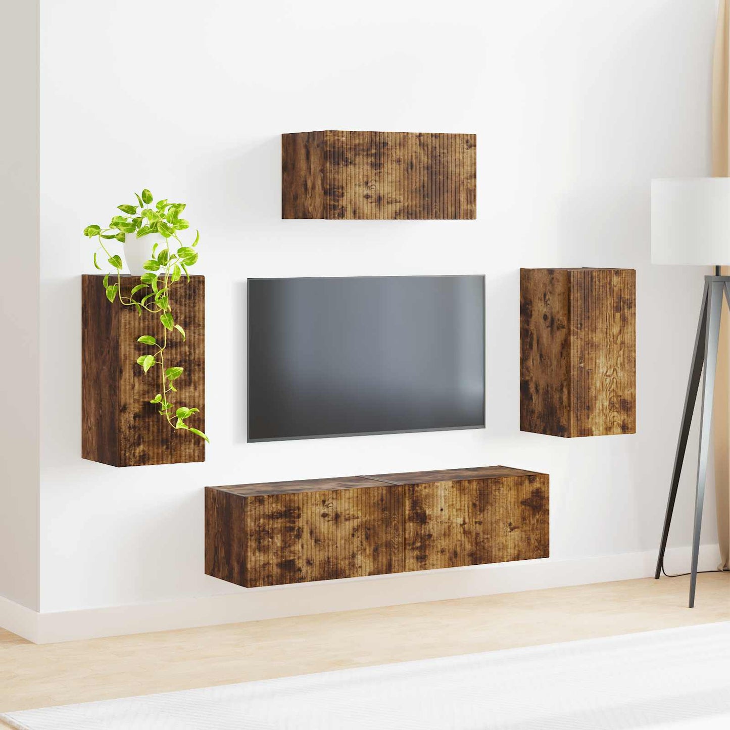 Tv-Meubelset Wandgemonteerd 3 Pcs Gerookt Eiken Bewerkt Hout Goud