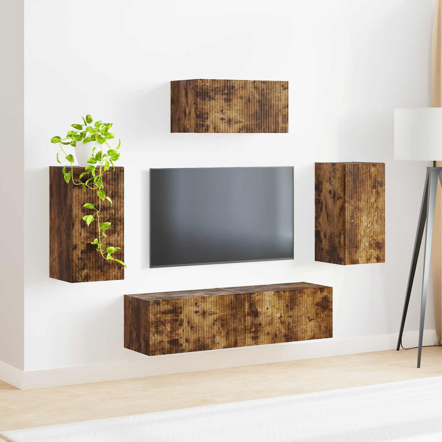 Tv-Meubelset Wandgemonteerd 3 Pcs Gerookt Eiken Bewerkt Hout Goud