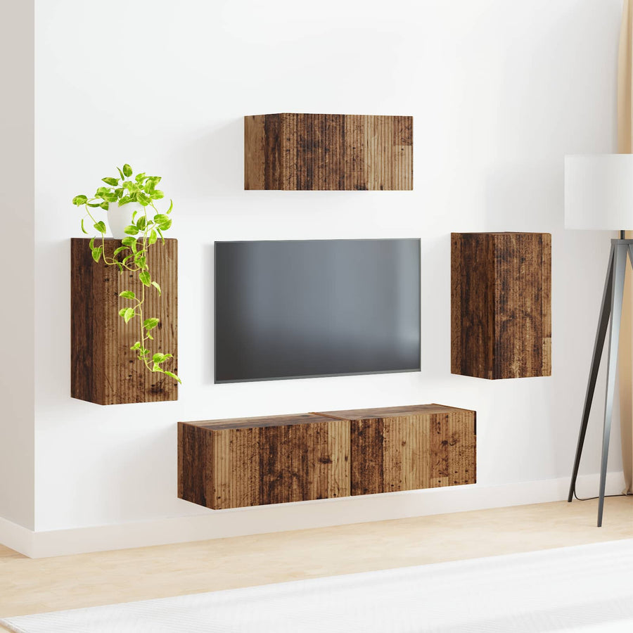 Tv-Meubelset Wandgemonteerd 3 Pcs Oudhout Bewerkt Hout Goud