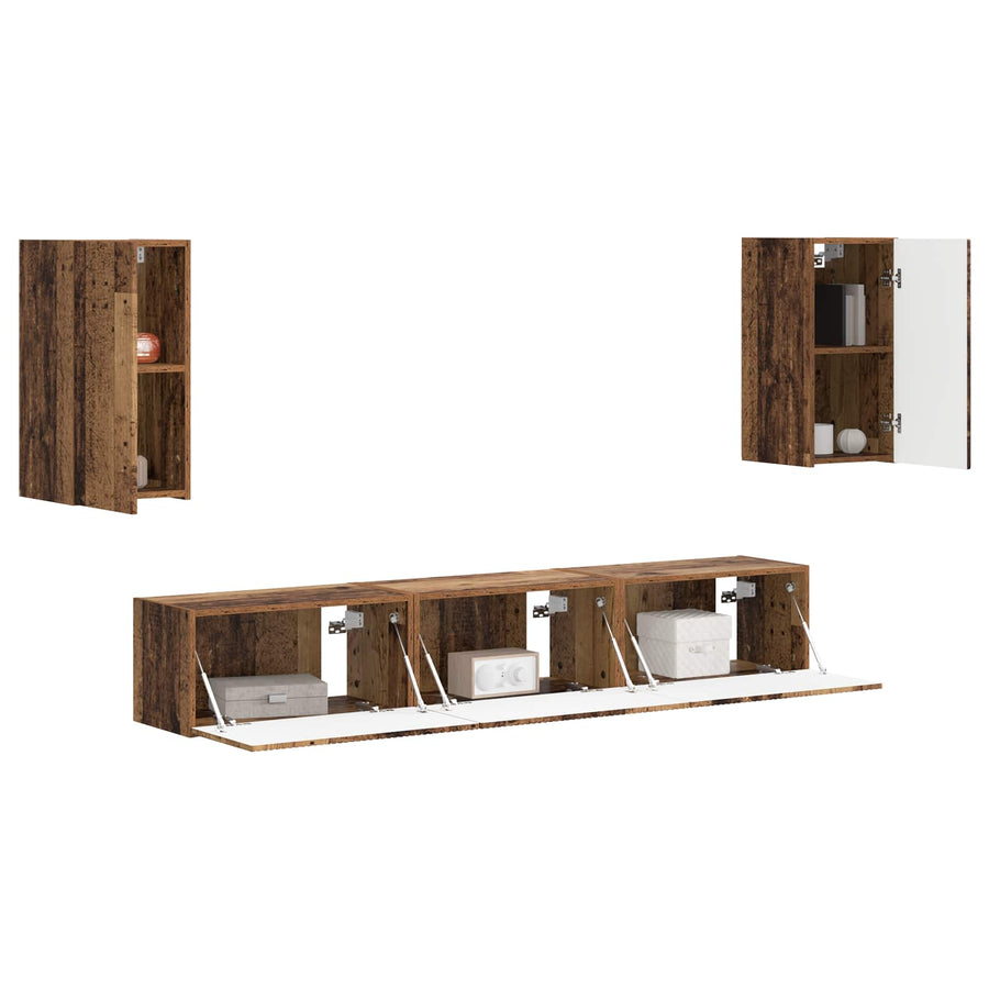 Tv-Meubelset Wandgemonteerd 3 Pcs Oudhout Bewerkt Hout Goud