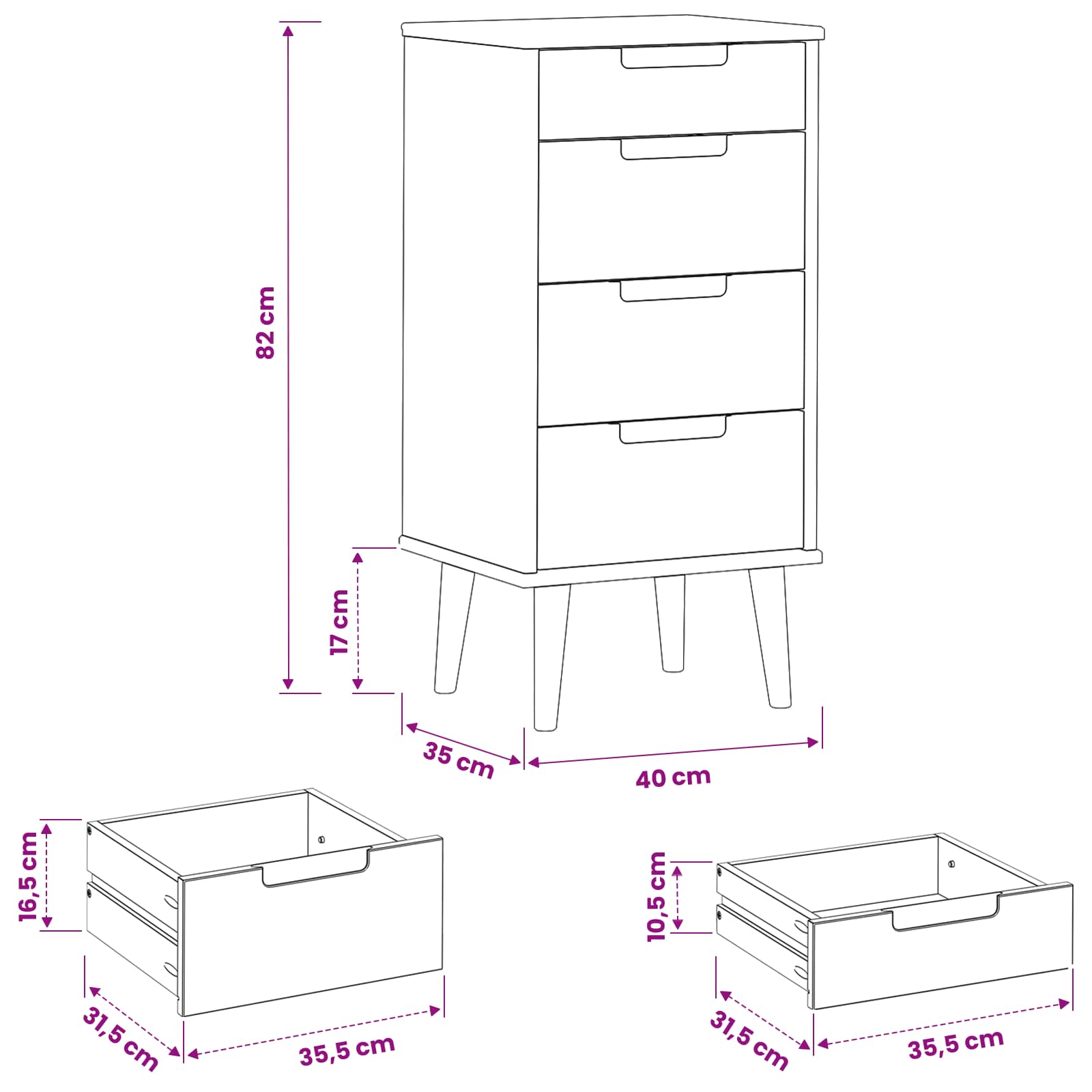 Ladekast MOLDE Zwart 40 x 35 x 82 cm Massief grenenhout