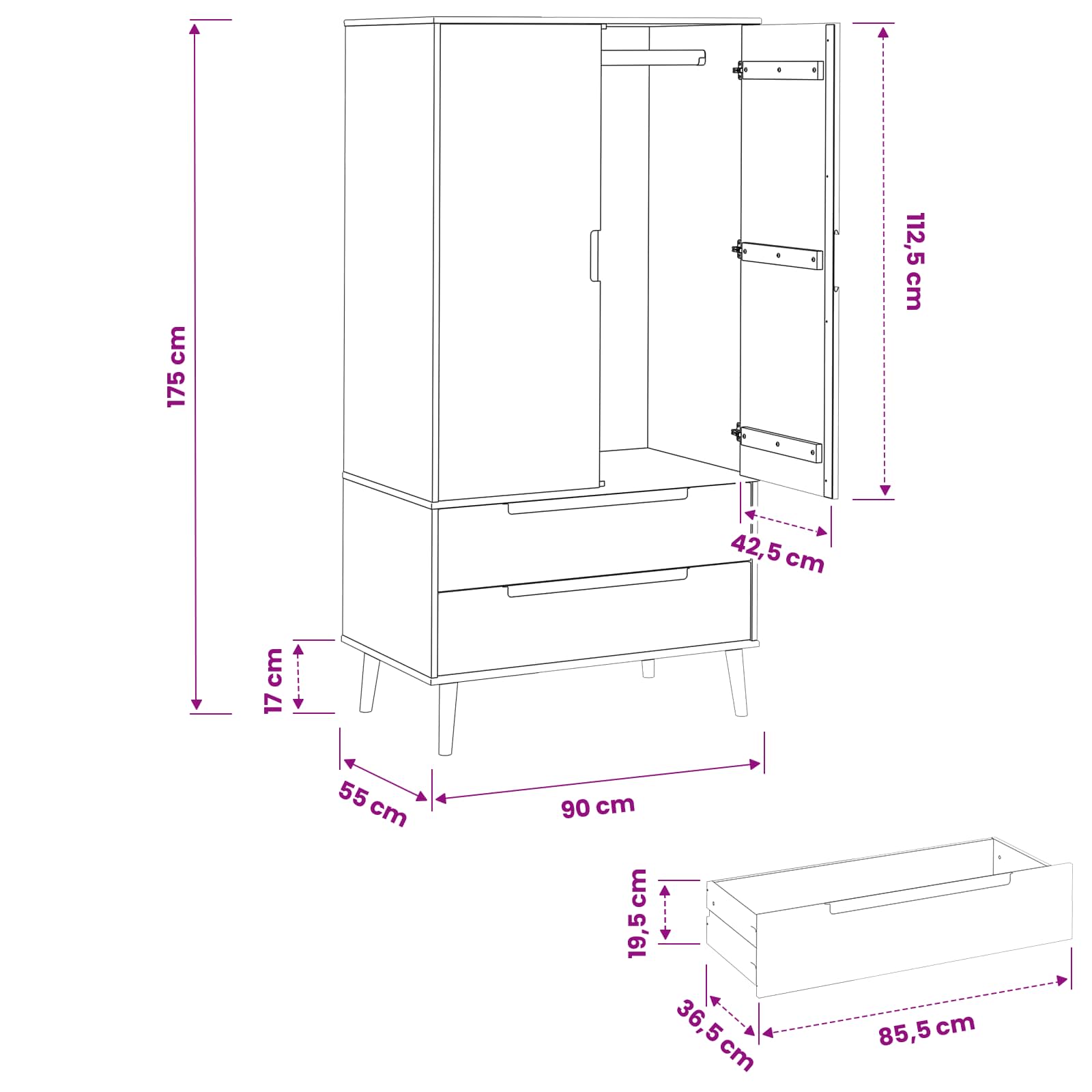 Kledingkast MOLDE Zwart 90 x 55 x 175 cm Massief grenenhout