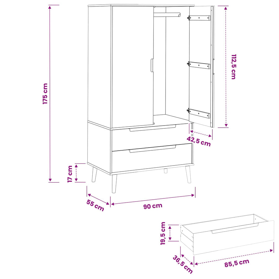 Kledingkast MOLDE Zwart 90 x 55 x 175 cm Massief grenenhout