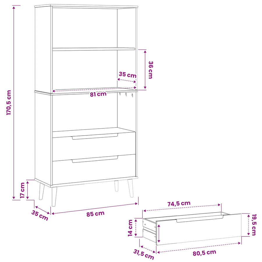 Boekenkast MOLDE 85 x 35 x 170,5 cm Massief grenenhout Caramel