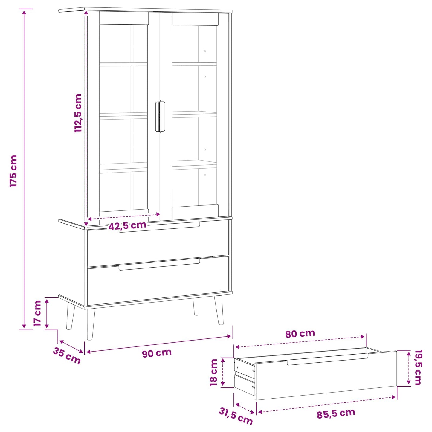 Glazen Display Kast Zwart 90 x 35 x 175 cm