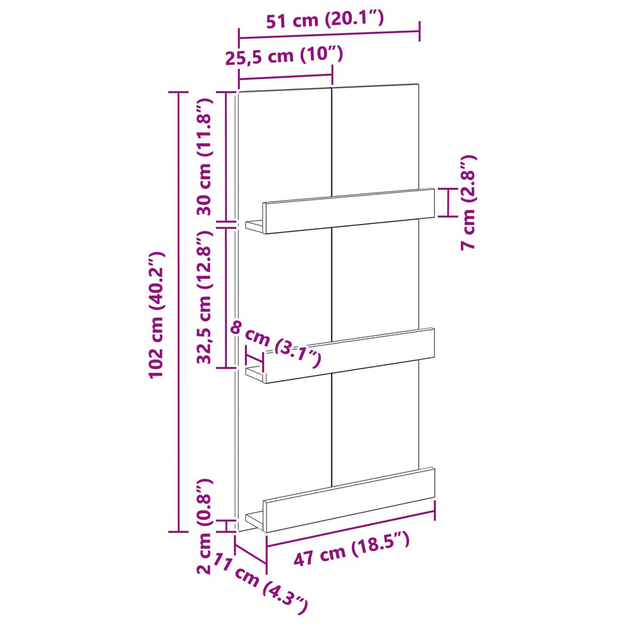 Tijdschrift Rek 51 X 11 X 102 Cm Bewerkt Hout Zwart eiken