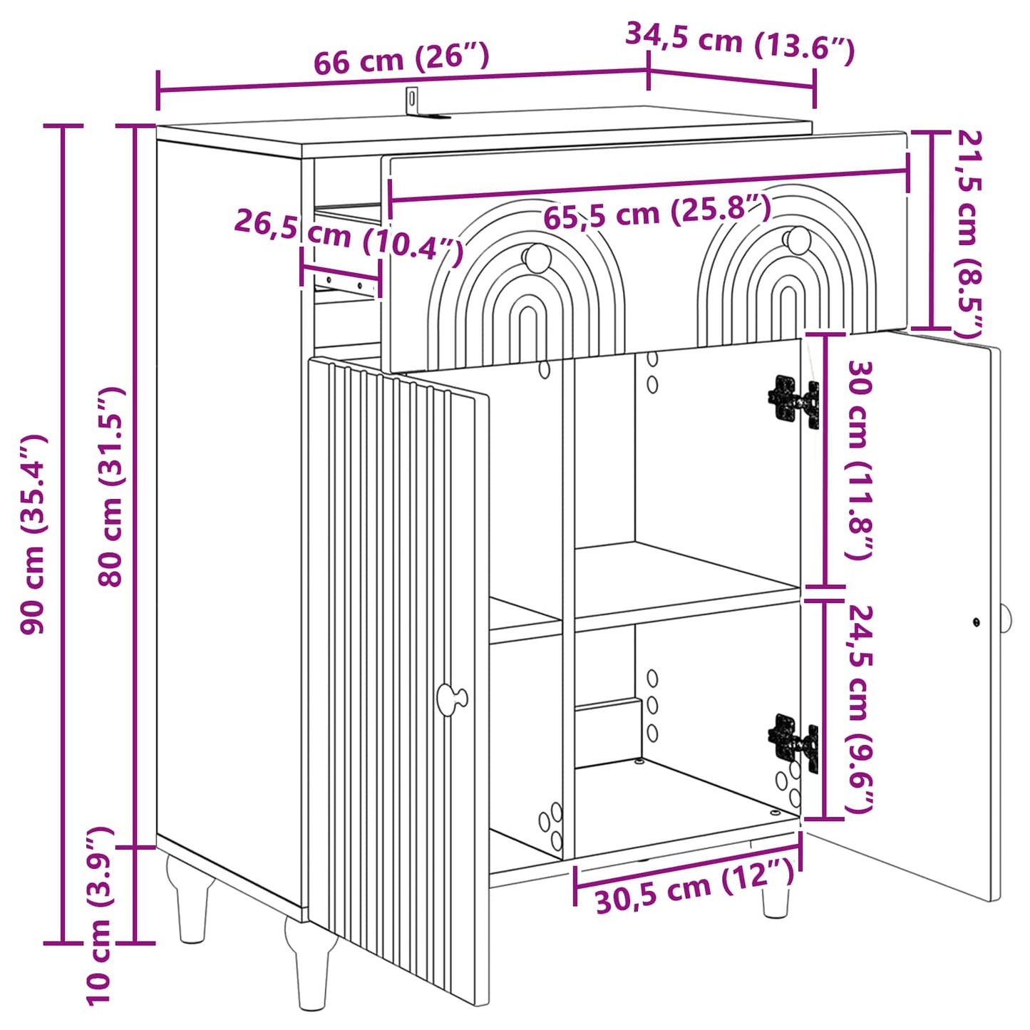 Dressoir met lade Zwart 66 x 34,5 x 90 cm Bewerkt hout