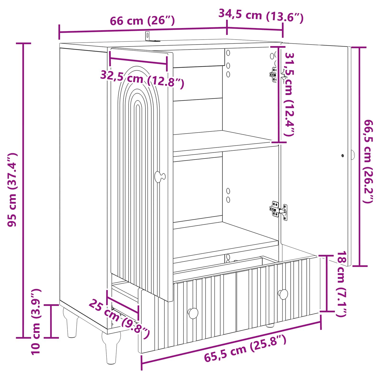 Dressoir met lade Betongrijs 66 x 34,5 x 95 cm Bewerkt hout