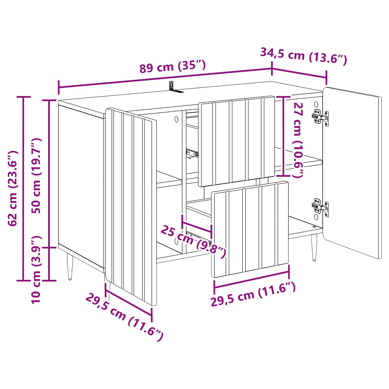 Dressoir met lade Betongrijs 89 x 34,5 x 62 cm Bewerkt hout