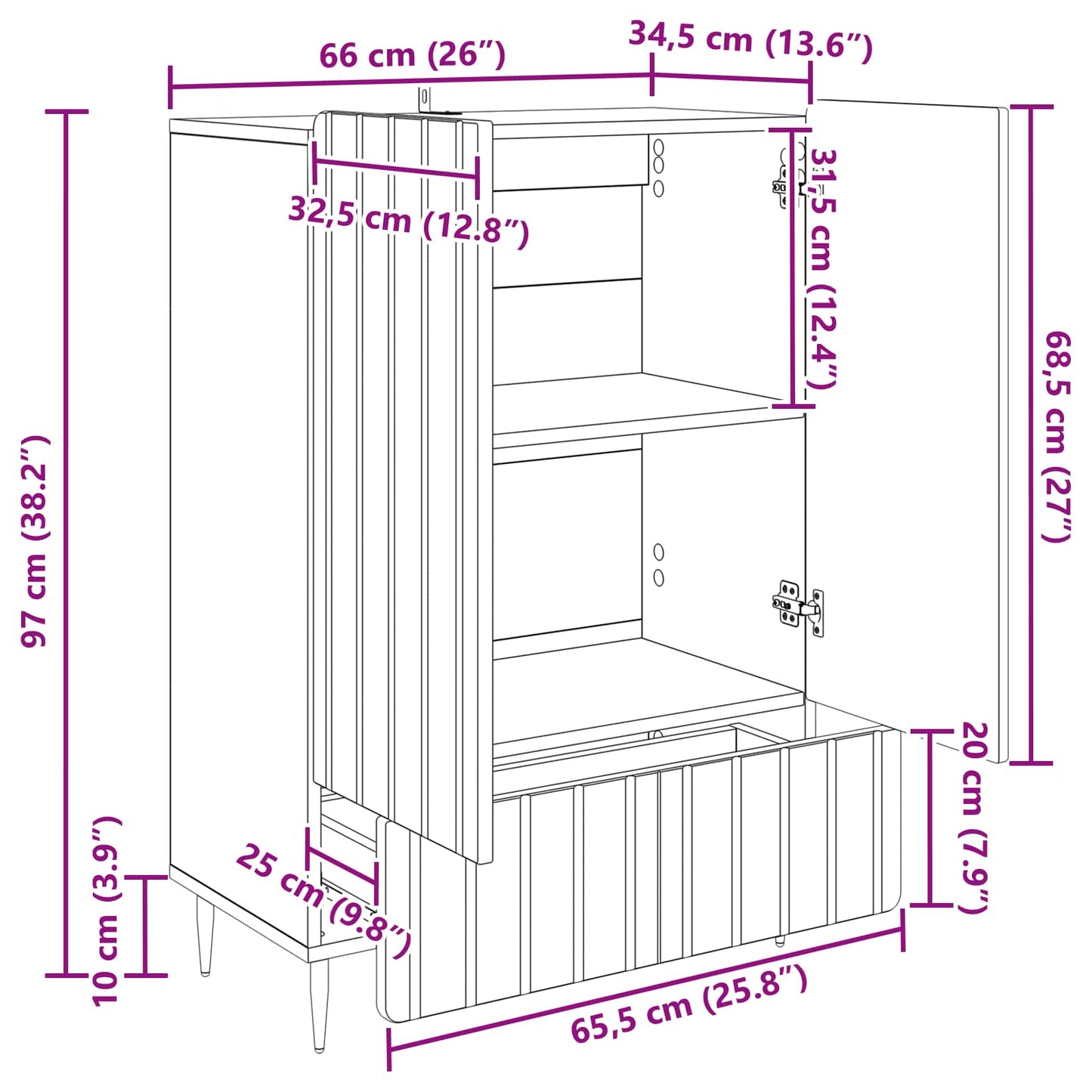 Dressoir met lade Gerookt eiken 66 x 34,5 x 97 cm Bewerkt hout