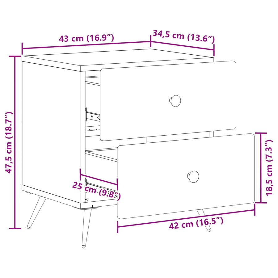Nachtkastje met lade 2 pcs Artisanaal eiken 43 x 34,5 x 47,5 cm