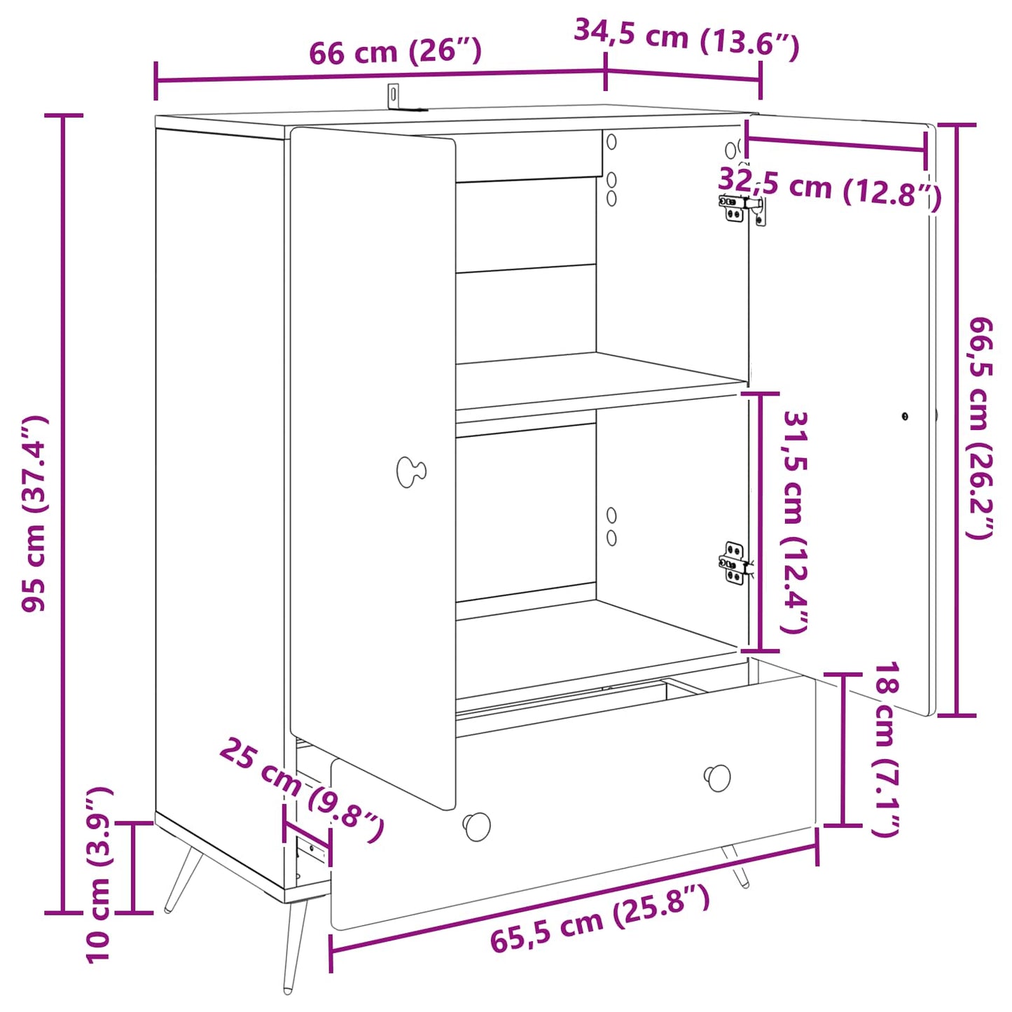 Dressoir met lade Zwart 66 x 34,5 x 95 cm Bewerkt hout