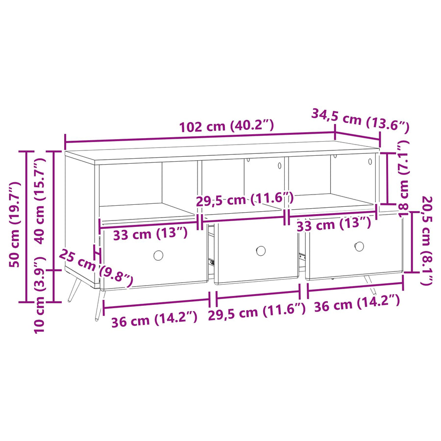 TV-kast met lade Gerookt eiken 102 x 34,5 x 50 cm Bewerkt hout