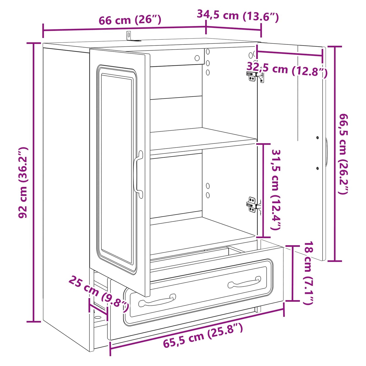 Dressoir met lade Hoogglans Wit 66 x 34,5 x 92 cm Bewerkt hout
