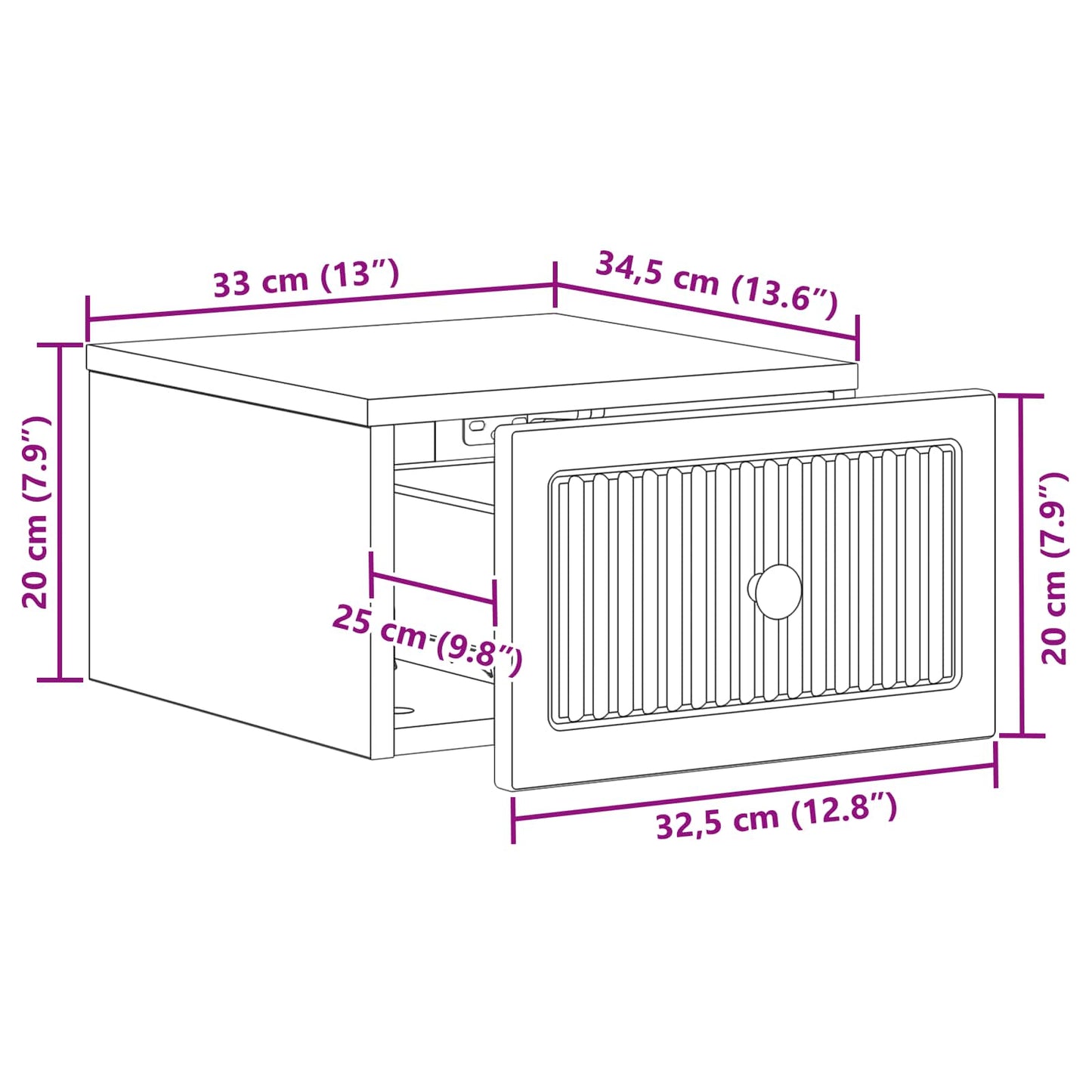 Wandbeugel Bedkast Sonoma Eiken 33 x 34,5 x 20 cm Bewerkt hout