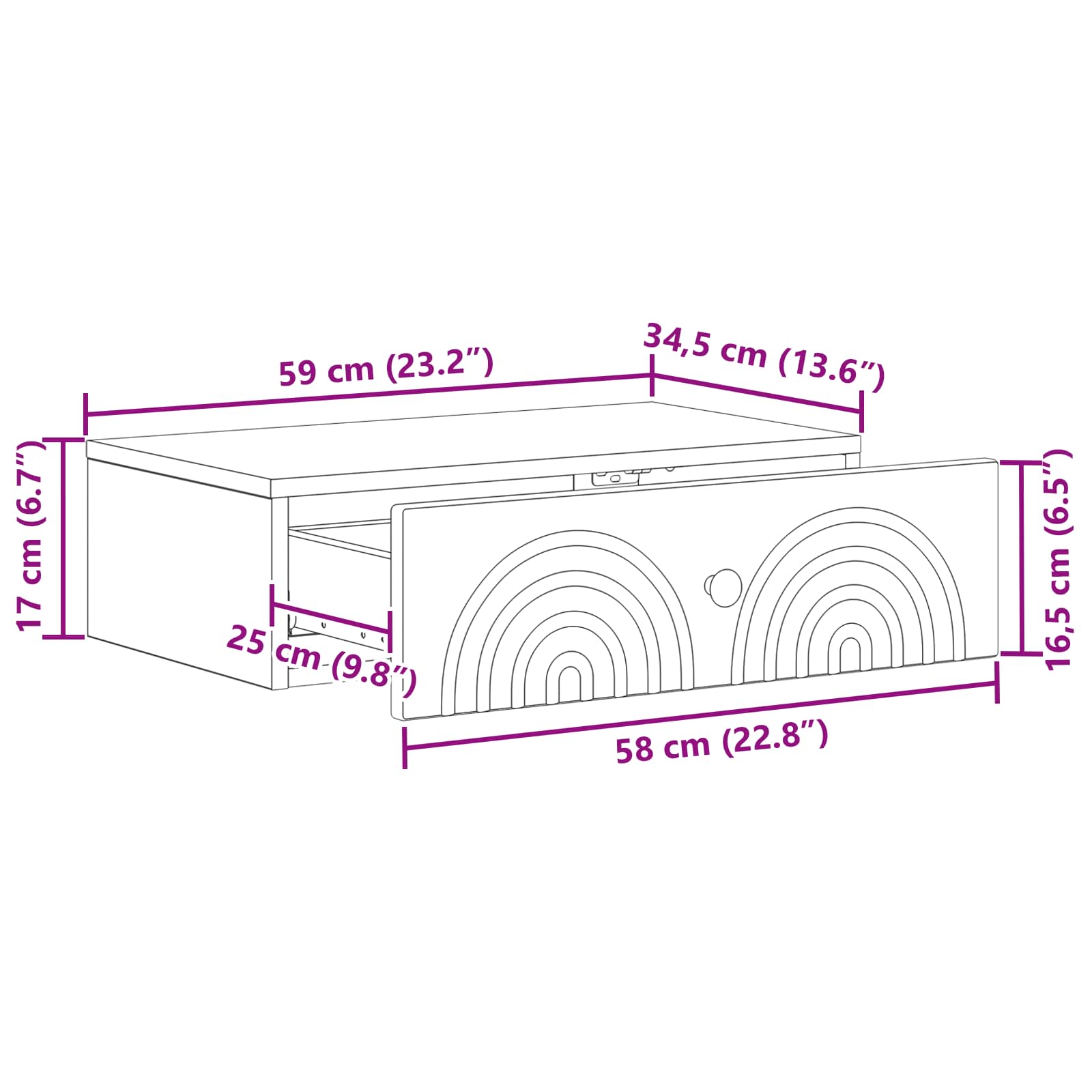 Wandmontage Zijtafel Betongrijs 59 x 34,5 x 17 cm Bewerkt hout