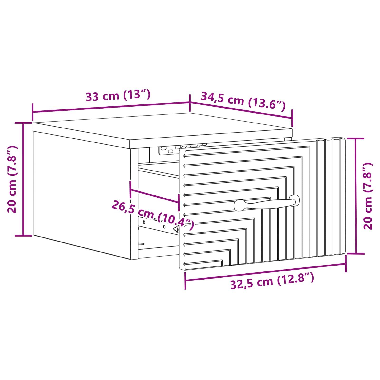 Wandbeugel Bedkast met lade Artisanaal eiken 34,5 x 33 x 20 cm