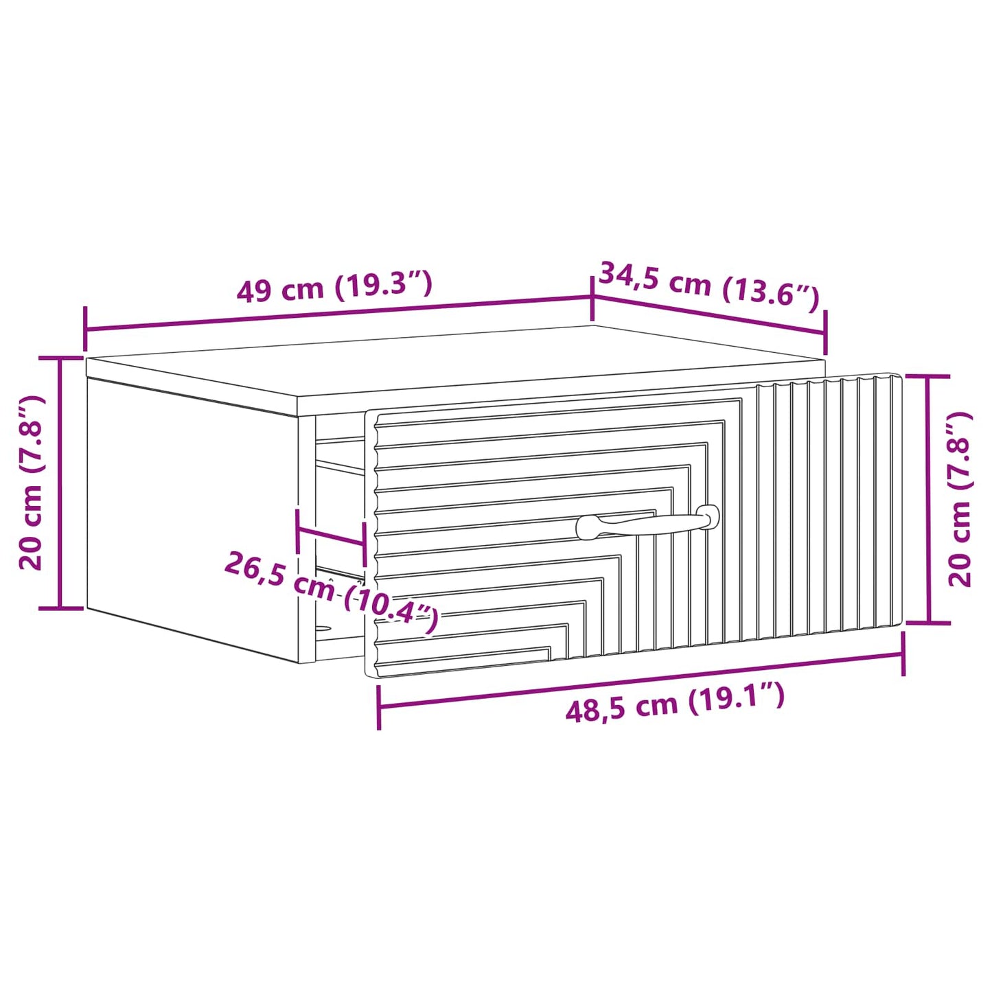 Wandbeugel Bedkast met lade Artisanaal eiken 49 x 34,5 x 20 cm