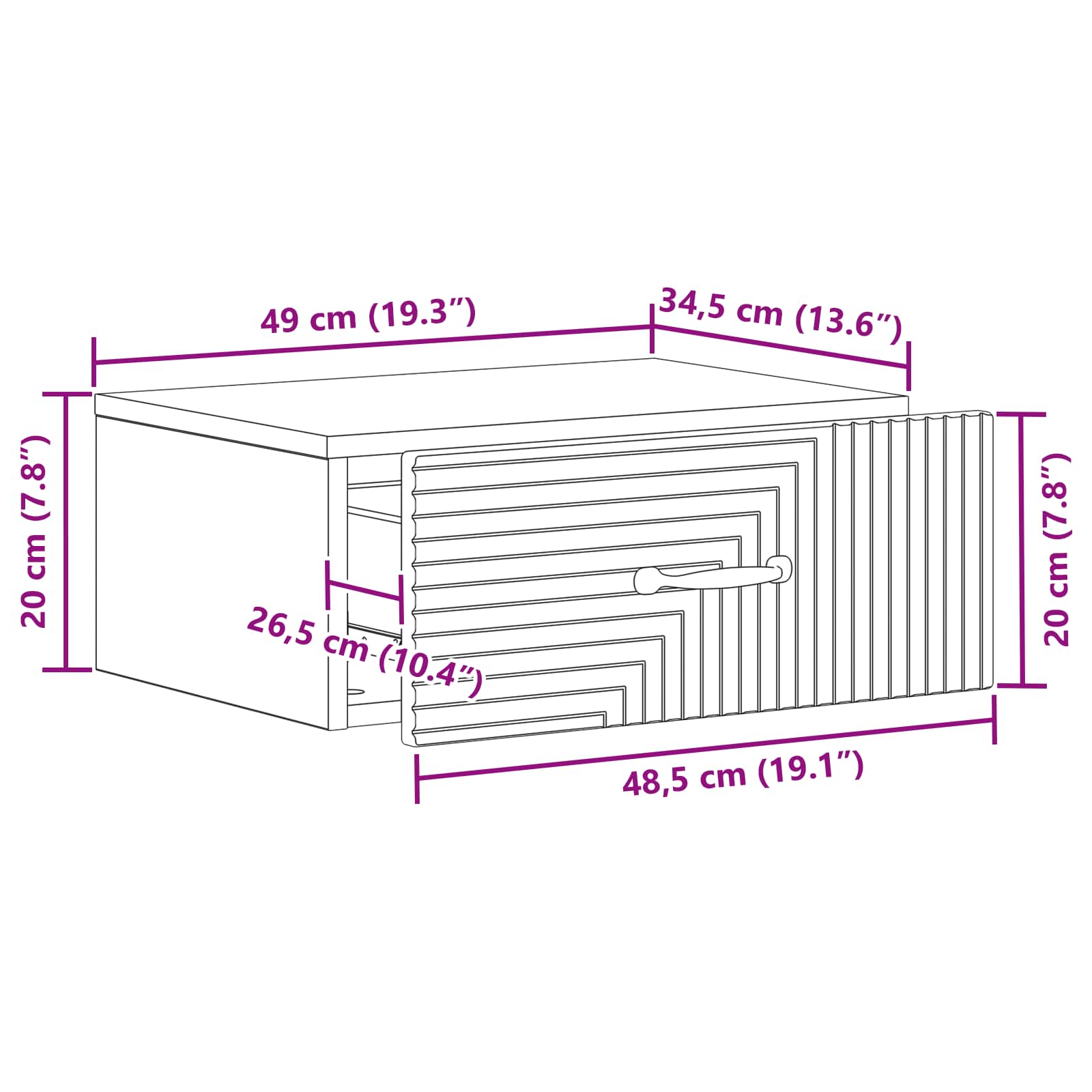 Wandbeugel Bedkast met lade Artisanaal eiken 49 x 34,5 x 20 cm