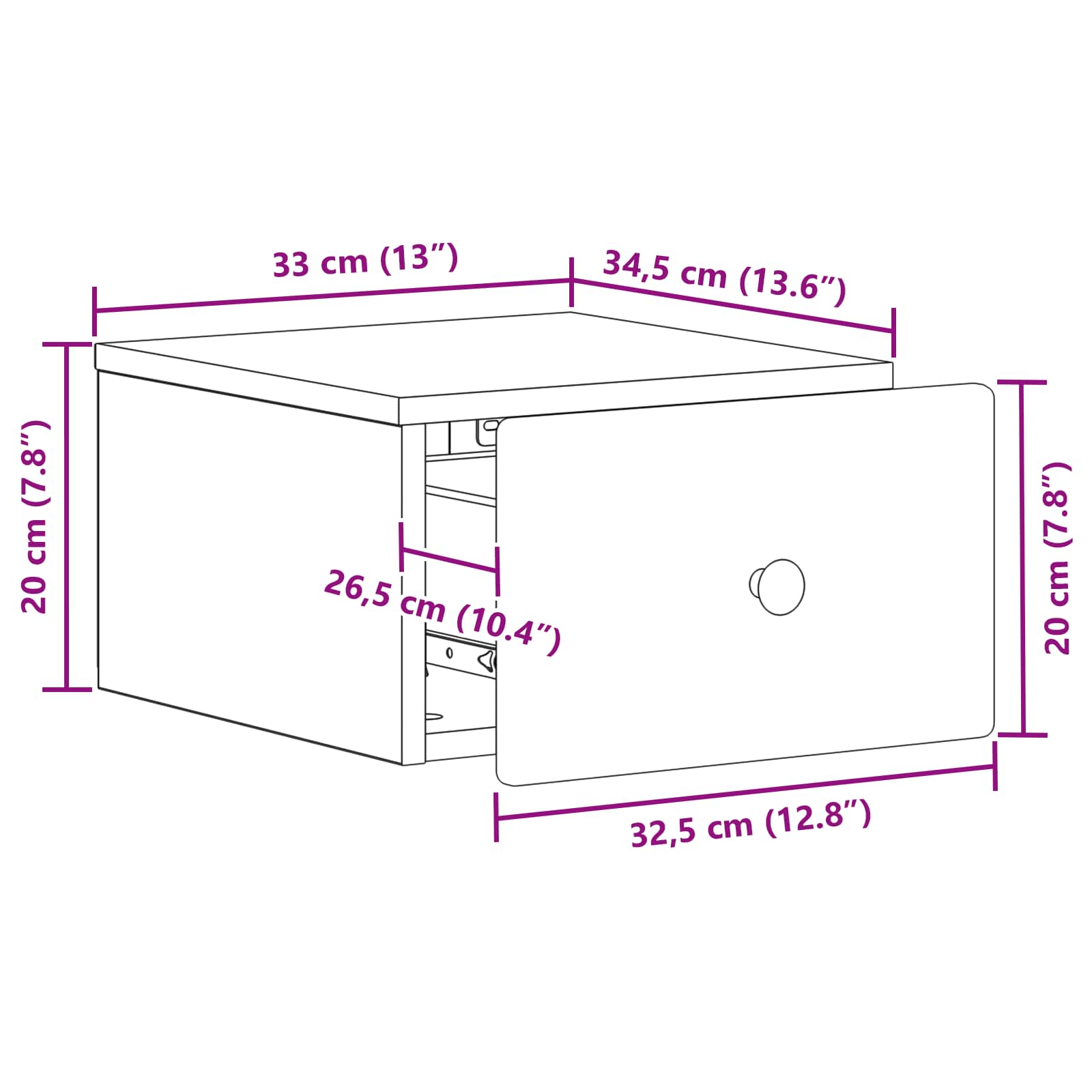 Wandbeugel Bedkast met lade Artisanaal eiken 34,5 x 33 x 20 cm