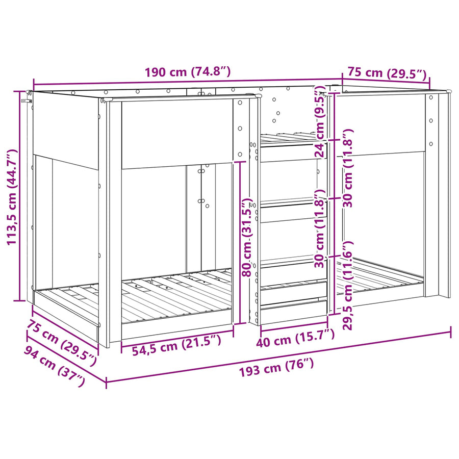 Bunk Bed voor Kinderen Grijs Sonoma 75 x 190 cm Bewerkt hout