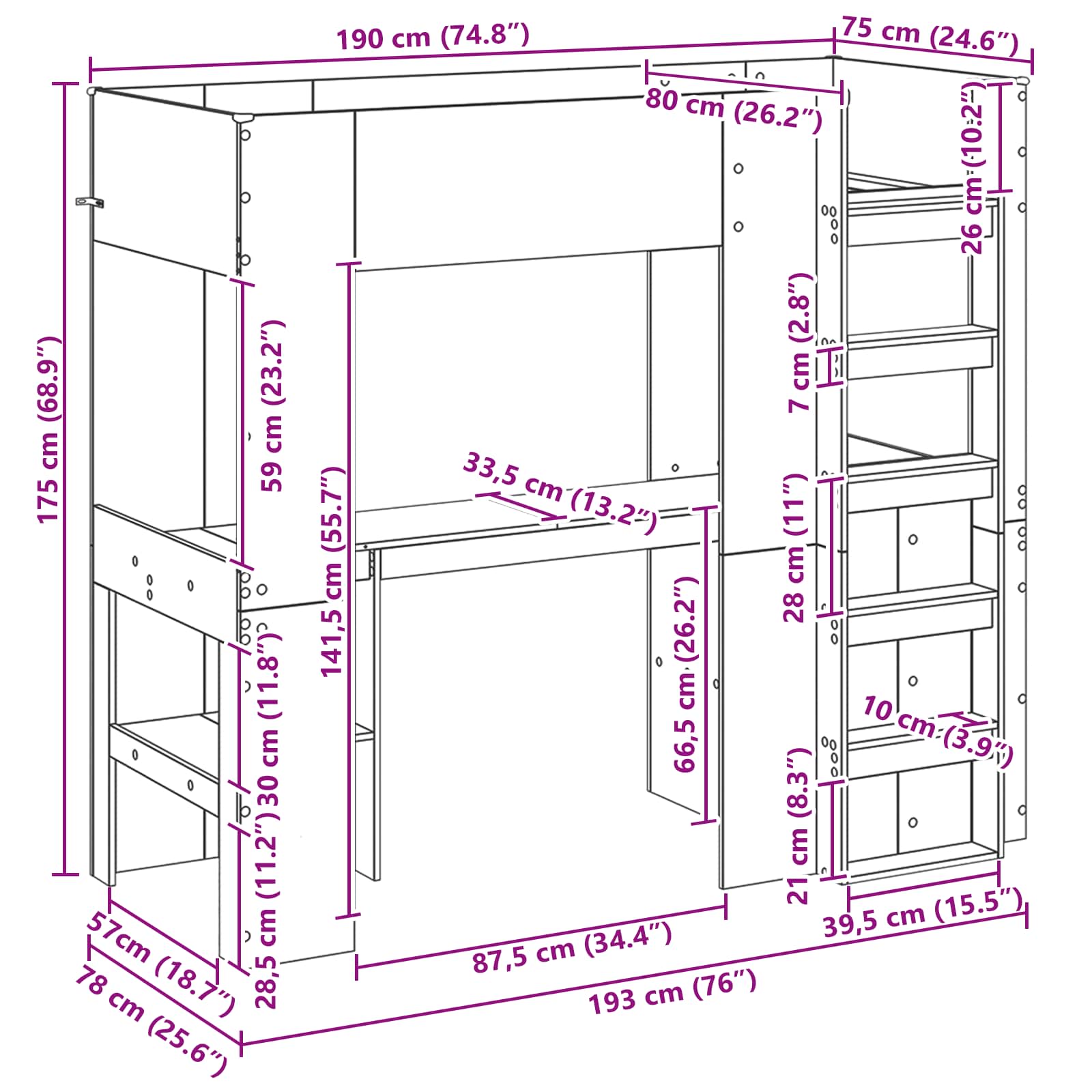 Loft Bedframe met Bureau met opslag Bewerkt hout