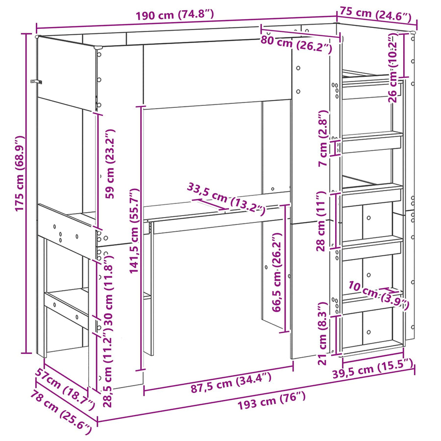 Loft Bedframe met Bureau met opslag Bewerkt hout