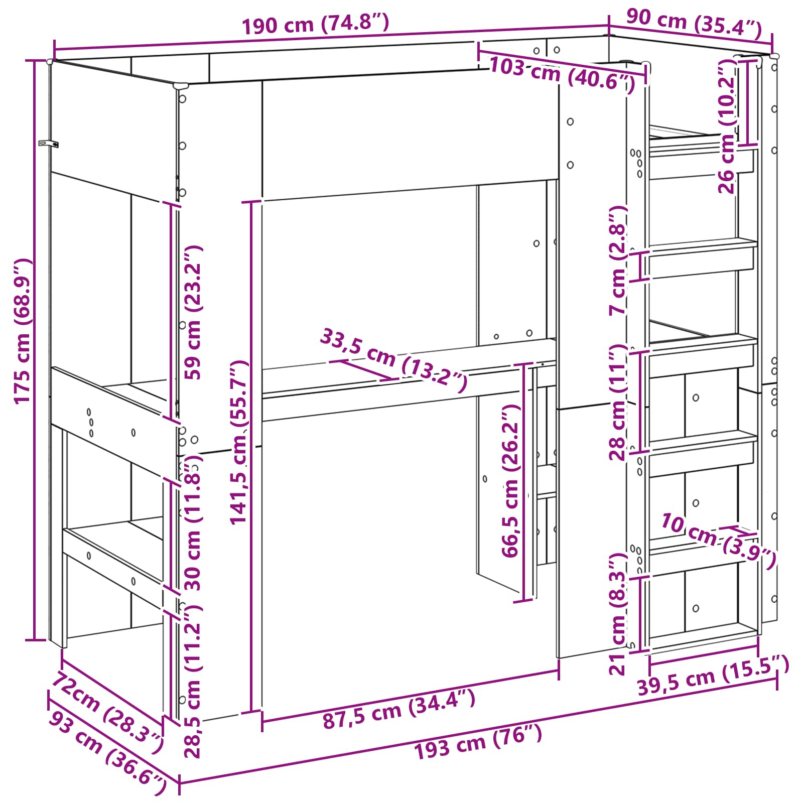 Loft Bedframe met Bureau Zwart Eiken 100 x 200 cm Bewerkt hout