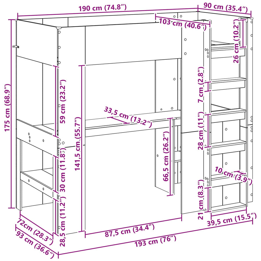 Loft Bedframe met Bureau Sonoma Eiken 100 x 200 cm Bewerkt hout
