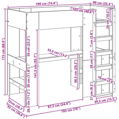 Loft Bedframe met Bureau Grijs Sonoma 100 x 200 cm Bewerkt hout