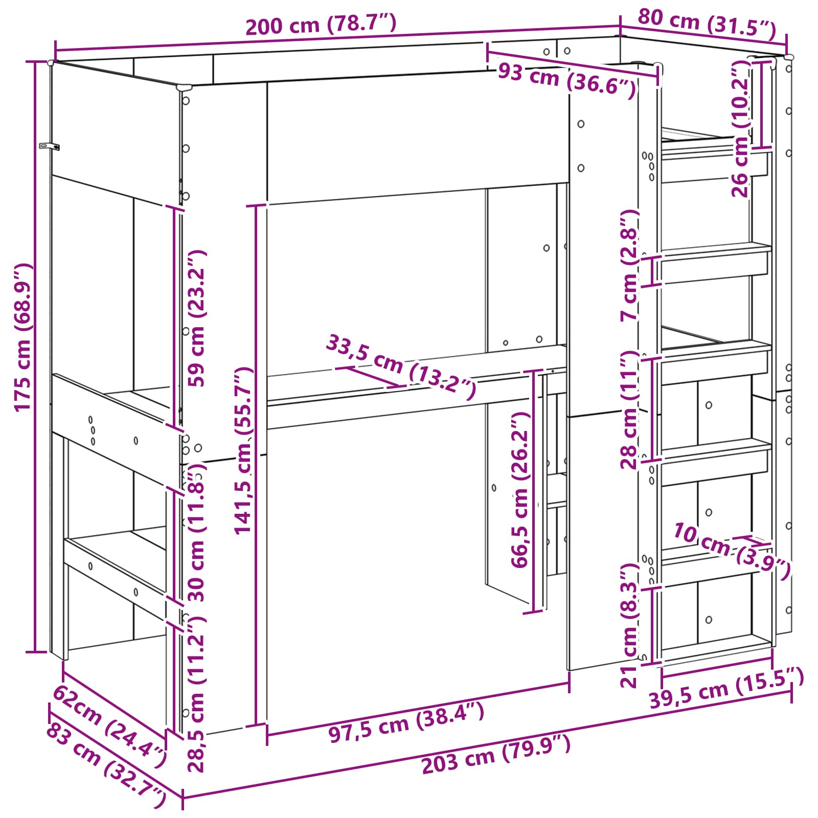 Loft Bedframe met Bureau Zwart Eiken 100 x 200 cm Bewerkt hout