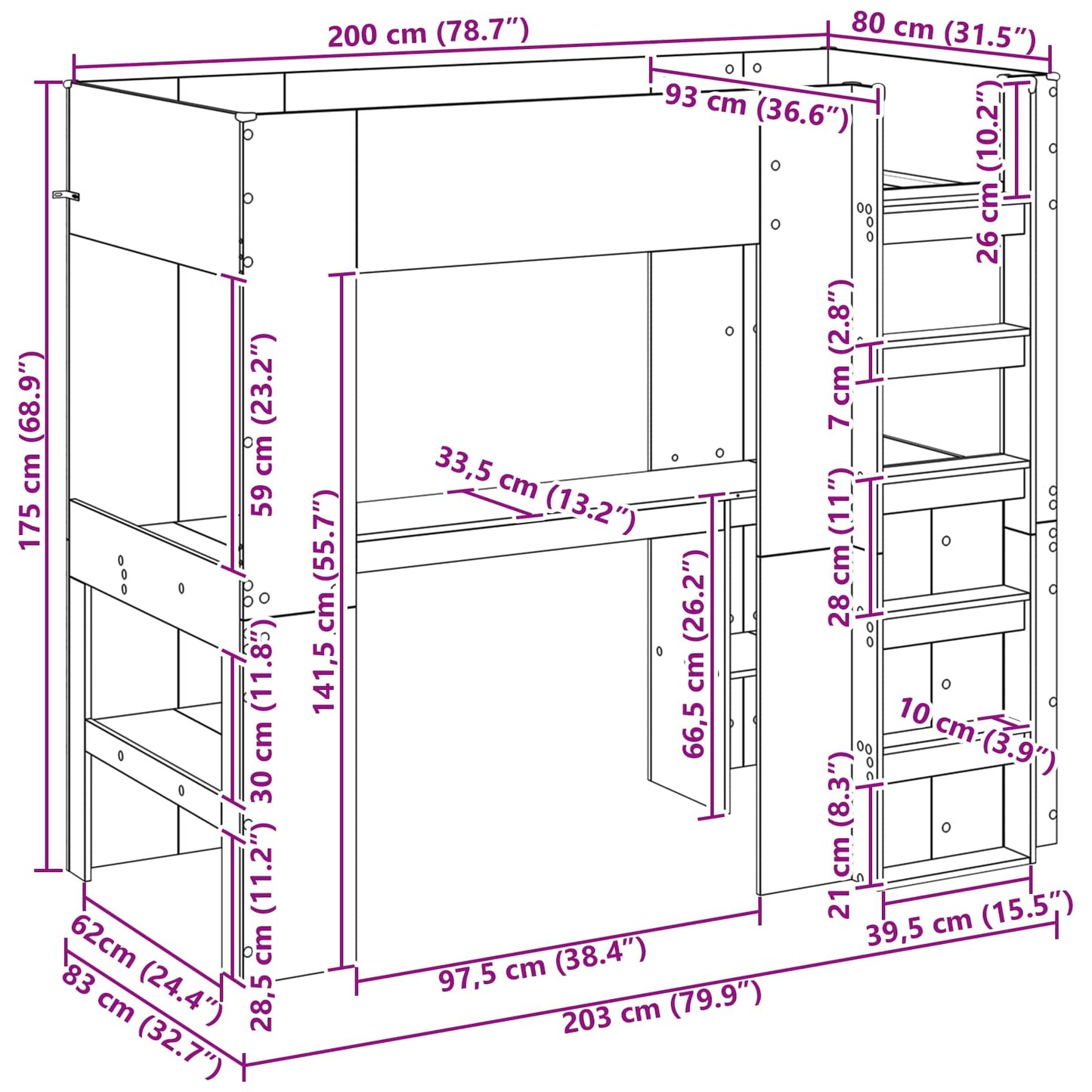 Loft Bedframe met Bureau met opslag Bewerkt hout