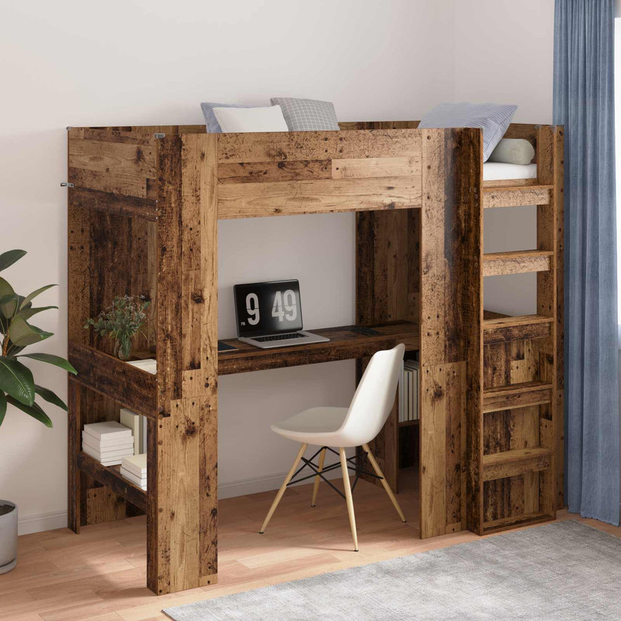 Loft Bedframe met Bureau Oudhout 100 x 200 cm Bewerkt hout
